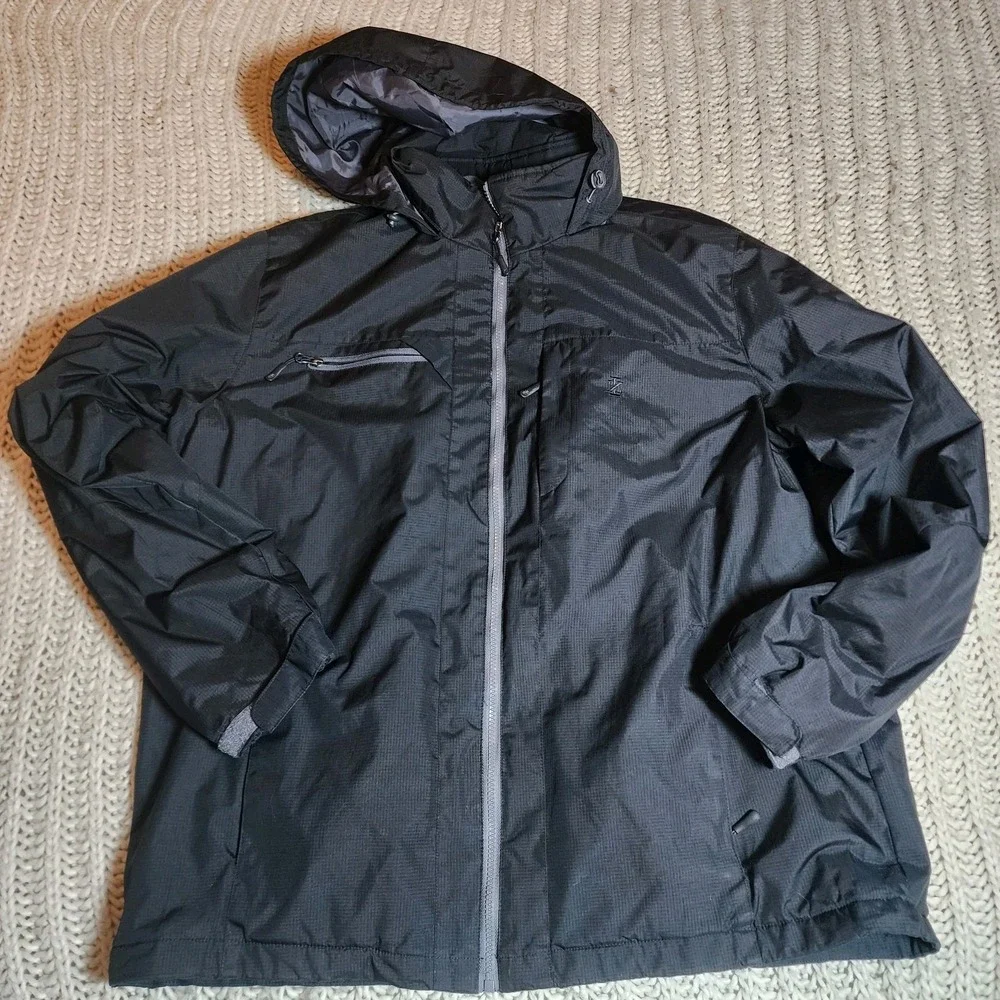 IZOD Jacket Mens XL Black Full Zip Hooded Fleece Lined Zip Pockets Outdoors